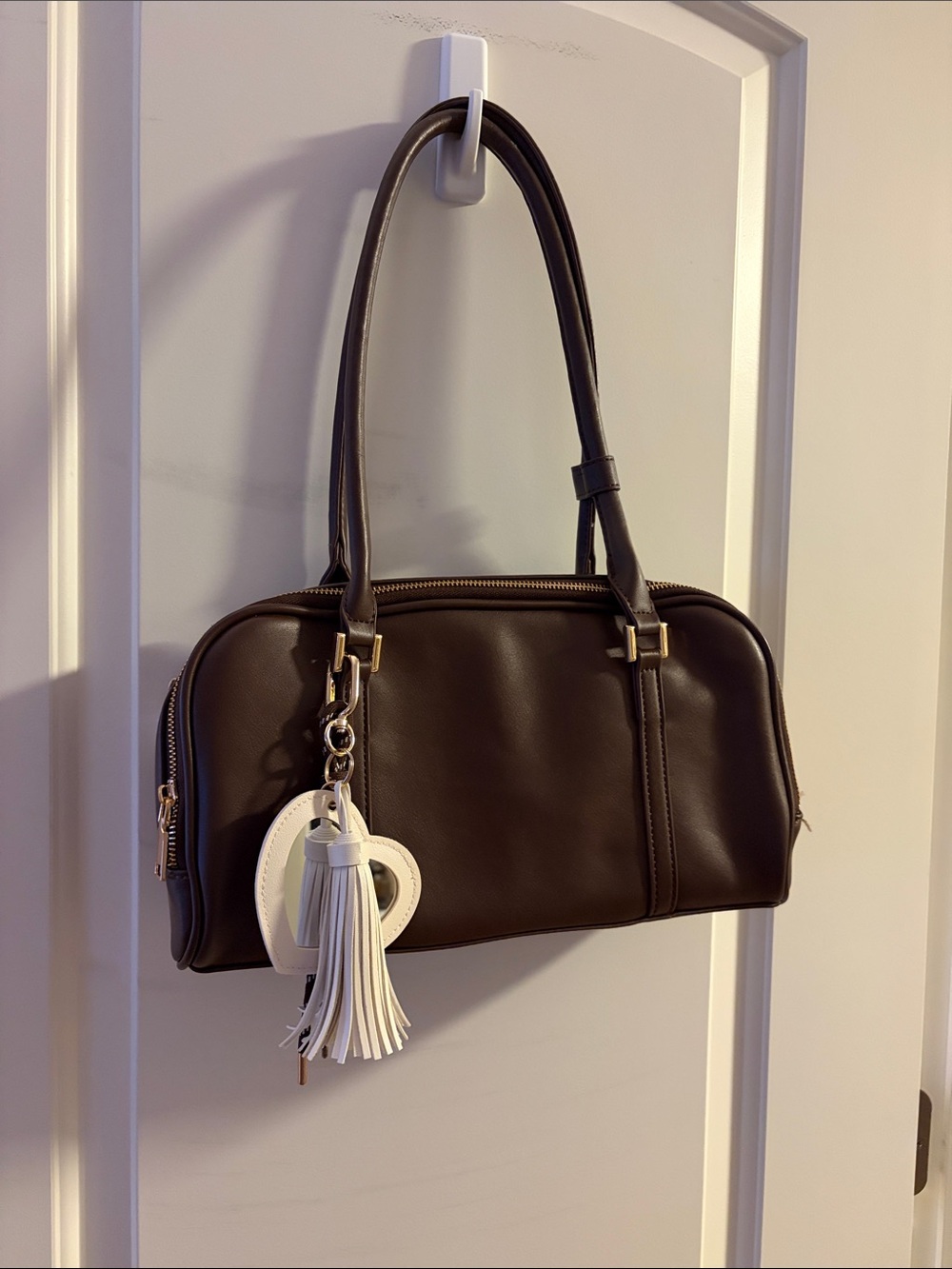 Urban Expressions Chocolate Brown Leather Shoulder Bag with White Tassel